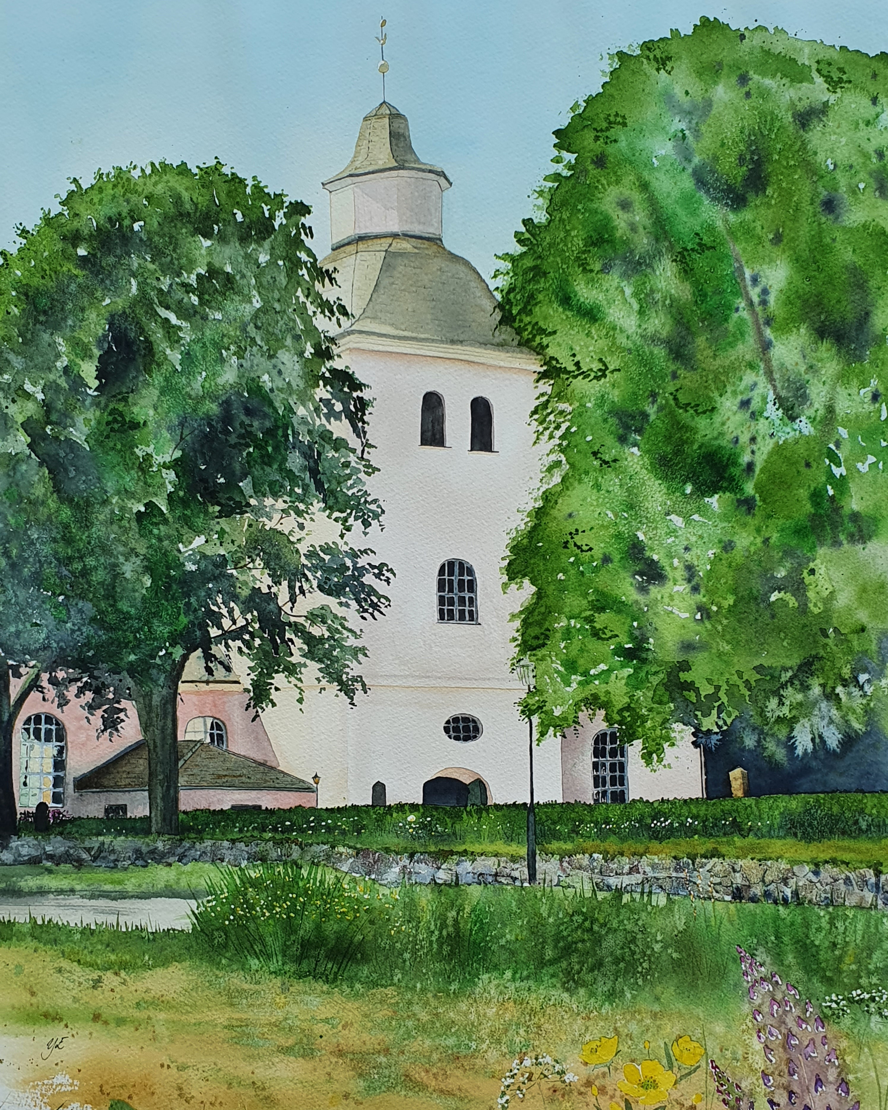 Rudskoga Kyrka i akvarell