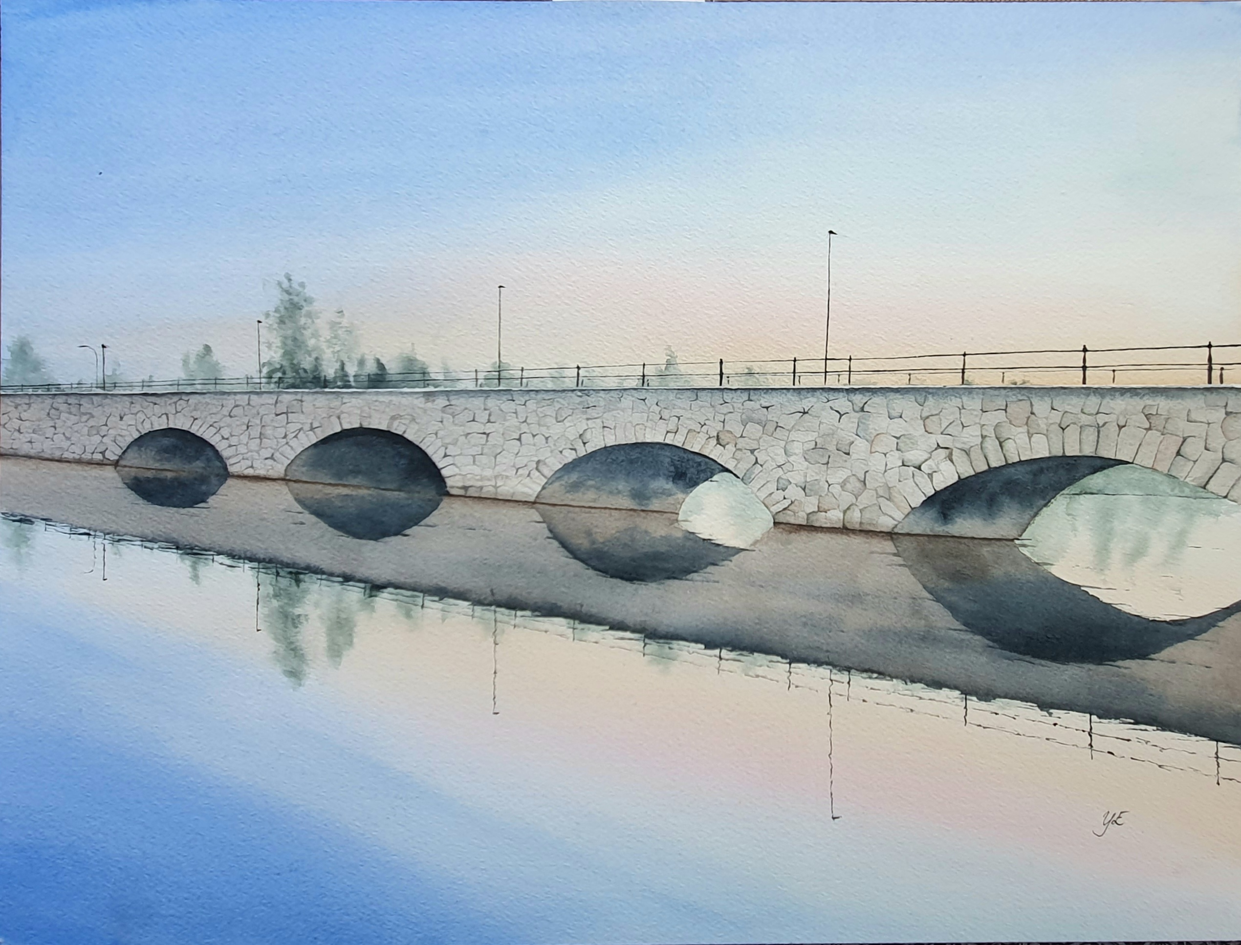 Åtorpsbron kvällsljus - Orginalmålning i alvarell