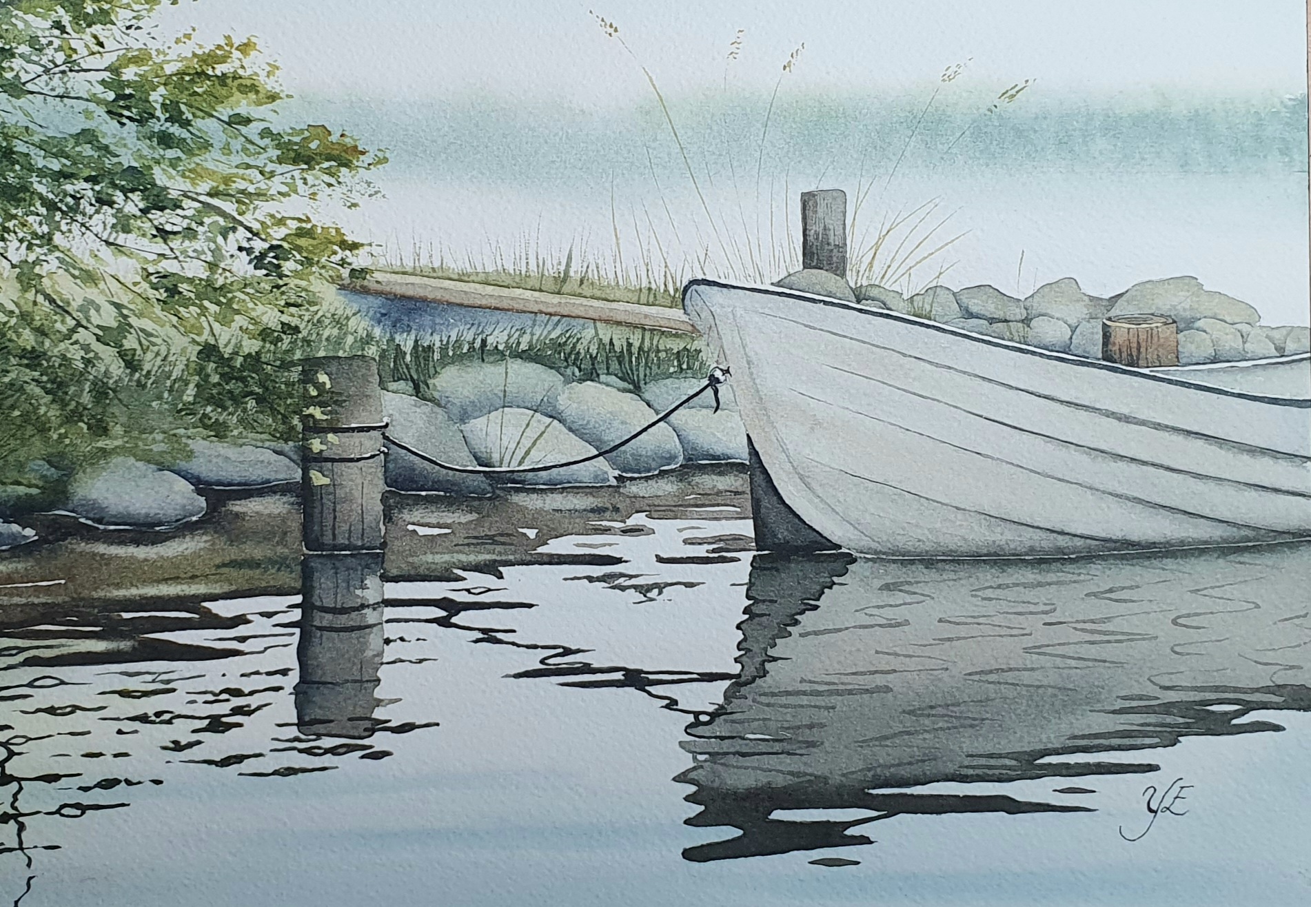 Båt med speglingar - Orginalmålning i akvarell