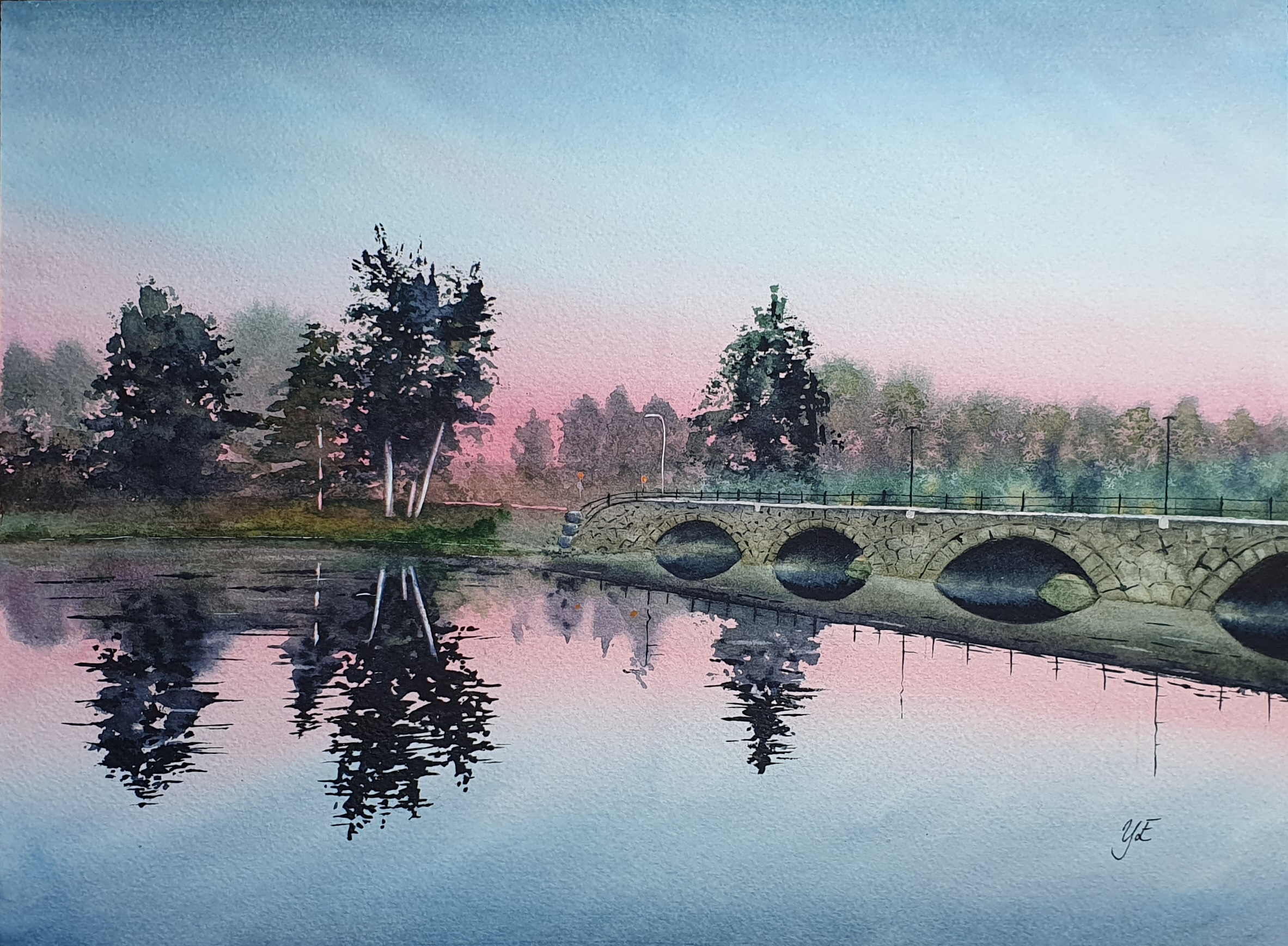 Bron i Åtorp i skymning - Orginalmålning i akvarell