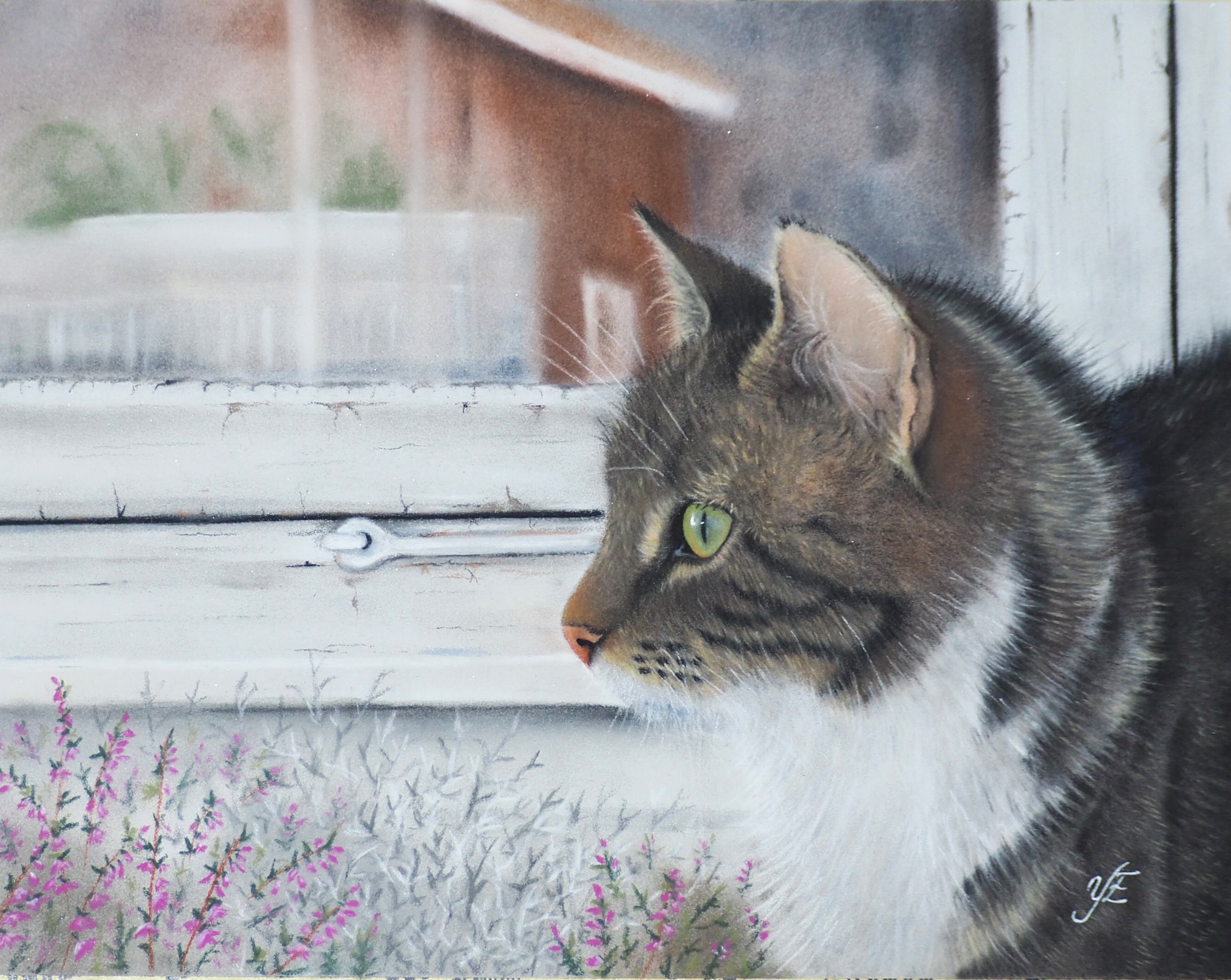 Katt vid fönstret - Orginalmålning i pastell