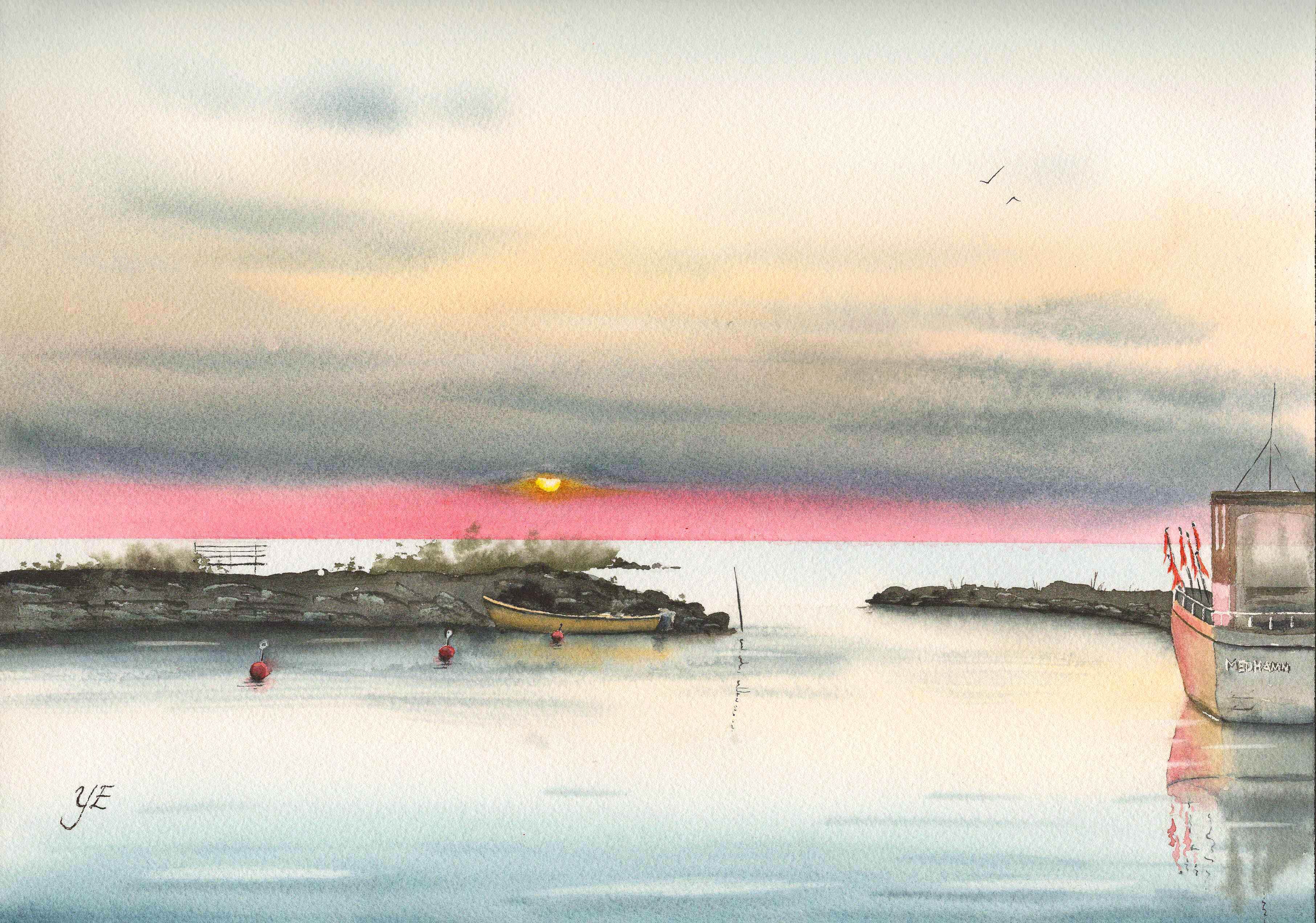 Solnedgång i Medhamn - Originalmålning i akvarell