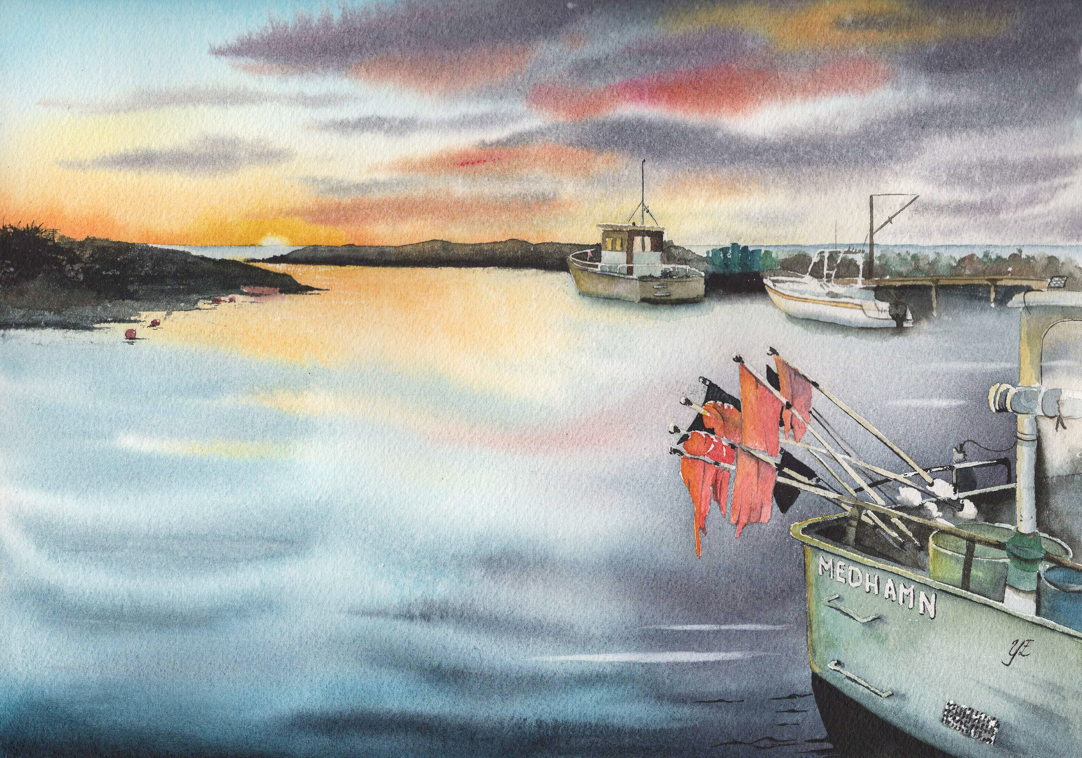 Medhamn - Originalmålning i akvarell